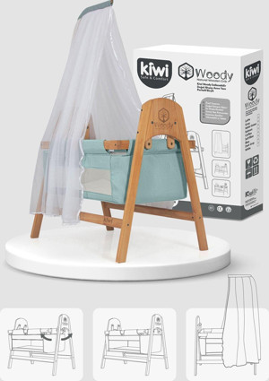 Kiwi Woody Doğal Ahşap Anne Yanı Sallanabilir Portatif Beşik Yeşil - Image 1