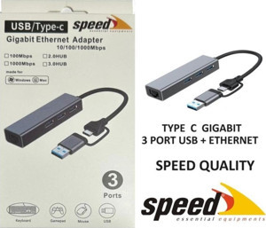 Speed UET01 10-100-1000 USB - Type c 3 Port USB 3.0 Çoklayıcı Gigabit Ethernet Çevirici - Image 1