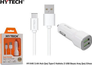 Hytech HY-X46 3.4A Hızlı Şarj Type-C Kablolu 2 USB Beyaz Araç Şarj Cihazı - Image 1