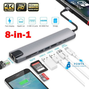 Technow 8 in 1 4K Type C USB 3.0 Hub HDMI RJ45 SDTF Adaptörü - Image 1