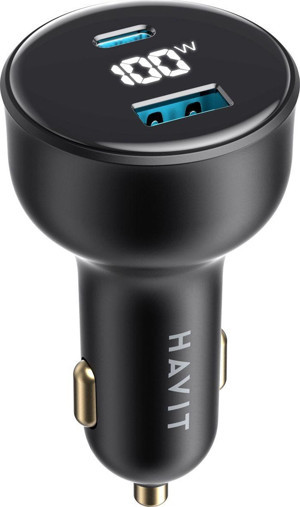 Havit CC100W 100W PD Dijital Göstergeli Ultra Hızlı Araç Şarj Aleti (1 Type-c, 1 USB) - Image 1