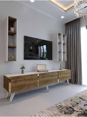 Myniture Home & Living Festival Tv Ünitesi G3007-2-1 Cevi̇z Beyaz  - Color Gold Tv Sehpası Ve Duvar Rafı - Image 1