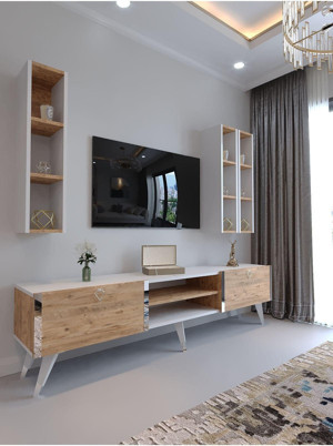 Myniture Home & Living Festival Tv Ünitesi G3006-6-1 Beyaz Atlanti̇k Si̇lver Color Tv Sehpası Ve Duvar Rafı - Image 1
