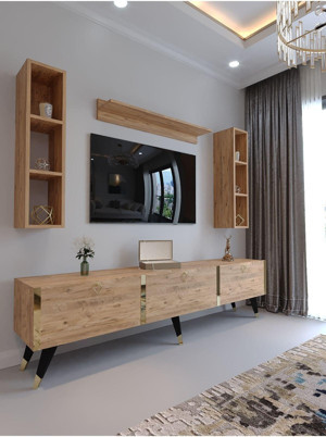 Myniture Home & Living Festival Tv Ünitesi G3008-6 Atlanti̇k Gold Color Tv Sehpası Ve Duvar Rafı - Image 1