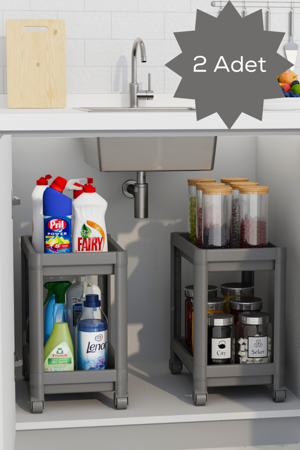 Mithra Life 2 Adet 2 Katlı Tekerlekli Tezgah Altı Gri Banyo Mutfak Rafı MIT1124 - Image 1