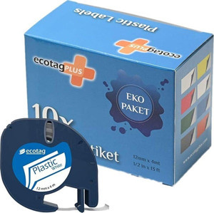Ecotag Dymo Letratag Etiket Muadili 12 Mm X 4 Mt Plastik Beyaz 10 Lu Paket - Image 1