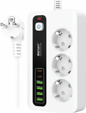 Akım Korumalı 4 USB'li ve 3 TYPE-C li 3'lü Grup Priz 2 m Uzatma Kablosu Beyaz - Image 1