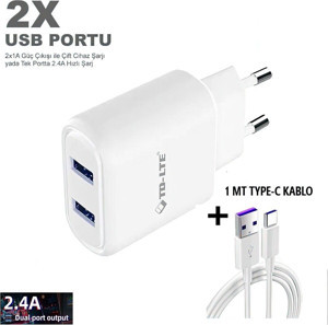 Tmax 5V 2.4A Çift Usb Çıkışlı Şarj Cihazı 1Mt Type-C Kablo. - Image 1