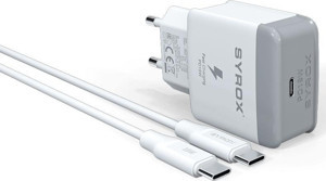 Syrox PD18T 3.0A 18W PD 1mt Type-C - Type-C Kablolu 1xType-C Port Çıkışlı Şarj Cihazı - Beyaz - Image 1