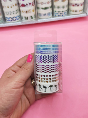 Renkli Yaldızlı Vintage Washi Tape Bant Yapışkanlı Maskeleme Kağıdı 5 lı - Flamingo - Image 1