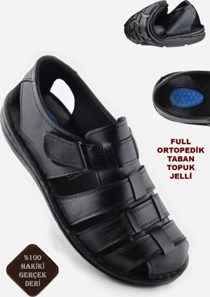 Ayakkabiburada 033 Topuk Jelli Hakiki Deri Erkek Sandalet Ayakkabı - Image 1