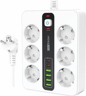 3000W Akım Korumalı 4 USB'li ve 2 TYPE-C li 6'lı Grup Priz 2 m Uzatma Kablosu Beyaz - Image 1
