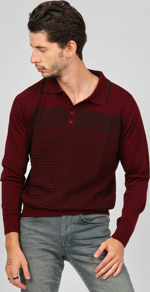 Desen Triko Erkek Desenli Polo Yaka Yün Kazak 0249642 Bordo - Image 1