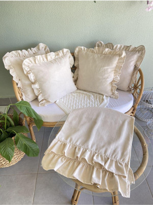 Sister Home Design Keten, Bohem, Fırfırlı, Vintage, 4 Kare Kırlent Kılıfı, Çift Kat Fırfırlı Runner Set - Image 1