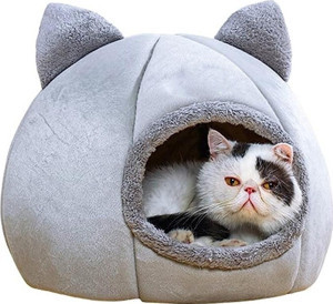 TİNEKE Bal Kabağı Tasarımlı Kedi Evi Yumuşak Kedi Yatağı Derin Uyku Ve Kış Evi Çıkartılabilir Minder Gri S BEDEN - Image 1