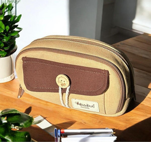 Babun Efes İki Renkli Büyük Geniş Kanvas Bez Kumaş Kalem Kutusu Vintage Düğmeli Kalemlik Makyaj Çanta - Image 1