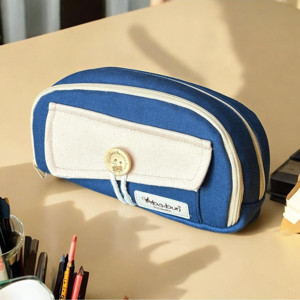 Babun Efes İki Renkli Büyük Geniş Kanvas Bez Kumaş Kalem Kutusu Vintage Düğmeli Kalemlik Makyaj Çanta - Image 1