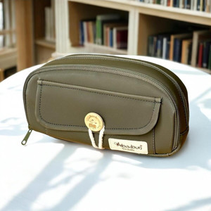 Babun Efes Yeşil Büyük Geniş Vegan Deri Lüks Tarz Kalem Kutusu Vintage Düğmeli Kalemlik Makyaj Çantası - Image 1