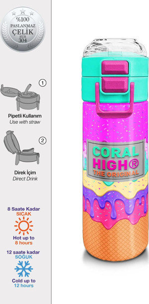 Coral High Kids Pembe Rengarenk Dondurma Desenli Pipetli ve Direkt İçim Çelik Termos 500 ml 31938 - Image 1