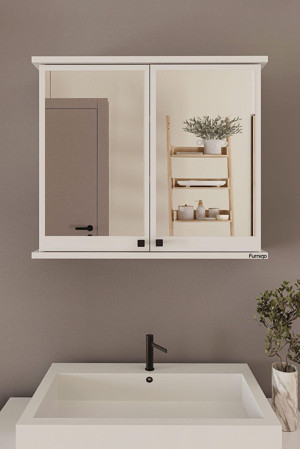 Furniqo AD-1 Banyo Dolabı, 2 Kapaklı Beyaz Lavabo Üstü Aynalı Banyo Dolabı, Çok Amaçlı Dolap - Image 1