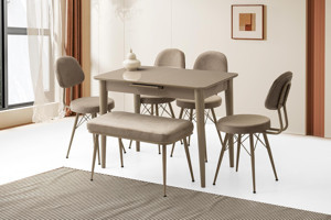 Mini 60 x 100 Milano Mdf Ortadan Açılır Masa 4 Ad Ece Sandalye 1 Ad sırtsız Mini Bench - Image 1