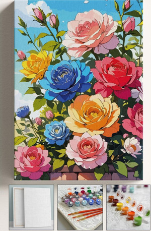 Corvo Sayılarla Boyama Çerçeveli Hobi Seti Numaralı Tuval Fırça Boya Dahil Kasnaklı Renkli Güller 40X50 Cm - Image 1