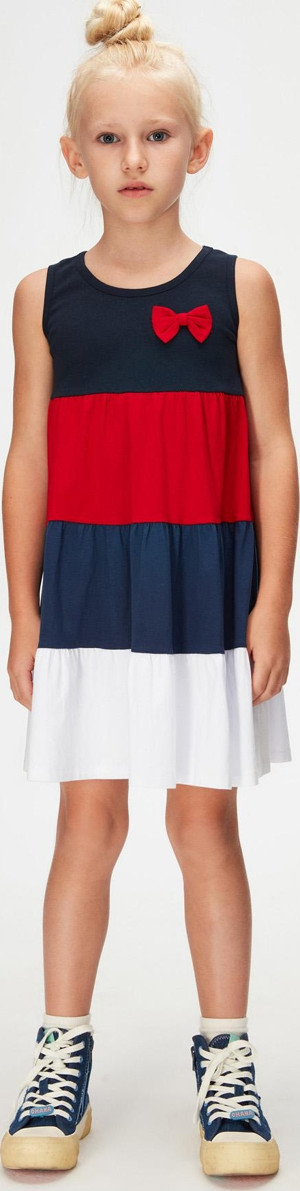 Koyu Lacivert + Beyaz Kız Çocuk Renkli Büzgülü Askılı Elbise - Image 1