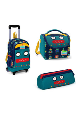 Yaygan Çanta Coral High Robot Çekçekli Çanta Coral High Kalem Kutusu Coral High Beslenme Robot Desenli 3'Lü Set - Image 1