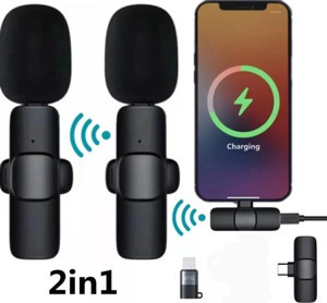 K9 2li Type-C + Lightning dönüştürücülü Kablosuz Yaka Mikrofonu 2li - Image 1