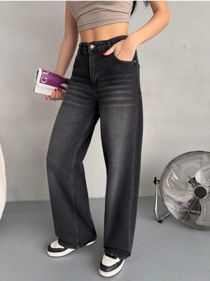 Alanora Kadın Yüksek Bel Soluk Efektli Vintage Palazzo Jeans - Image 1