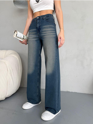 Alanora Kadın Yüksek Bel Soluk Efektli Vintage Palazzo Jeans - Image 1