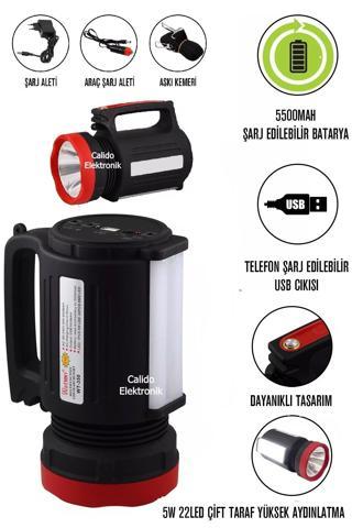 Calido Elektronik Projektör Şarjlı Telefon Şarj Eden El Feneri Işıldak Feneri Power Led 5 Waat Şarjlı Uzun Menzilli