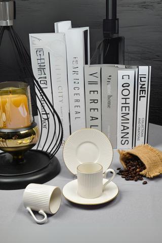 Plt Design Özel Tasarım Porselen 12 Parça 6 Kişilik Çizgili Kahve Fincan Takımı 100 Ml - Kahve Fincanı