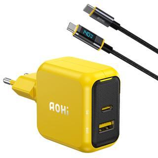 Aohi Magcube 67W 2 Portlu Şarj Adaptörü, 140W LED Ekranlı Naylon Örgülü Süper Hızlı Şarj/Data Kablosu Seti