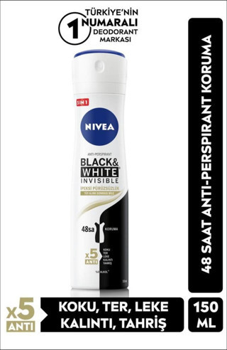 Kadın Sprey Deodorant Black White Invisible 150ml, Ter Ve Ter Kokusuna Karşı 48 Saat Etkili