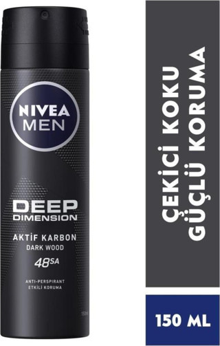 Men Erkek Sprey Deodorant Deep Dimension Aktif Karbon 150ml, 48 Saat Anti-perspirant Ter Koruması