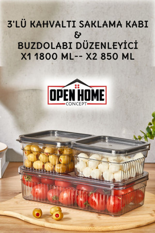 3'lü Sızdırmaz Kapaklı Kahvaltı Saklama Kabı - x1 1800 ml - x2 850 ml