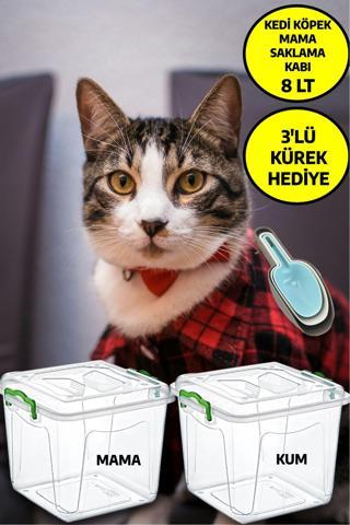 2 Adet 8 LT 3'lü Kürek Hediyeli Kedi Köpek Kuru Mama Kum Saklama Kabı Kutusu Seti