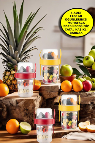 Open Home Concept 4 ADET Diyet & Kahvaltı için Çatal & Kaşıklı Kapaklı Yoğurt Müsli Salata Meyve Saklama Kabı - 1100ml