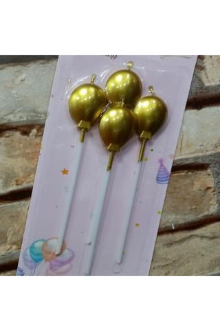 Kuzey Vıp Kalite Parlak Metalik Gold Balonlu Pasta Mumu 4 Adet Gold Doğum Günü Mumu Gold Bırthday Candle