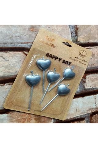 Kuzey Vıp Silver Heart Happy Bırthday Candle 5 Adet Metalik Gümüş Kalpli Pasta Mumu Kalpli Doğum Günü Mumu
