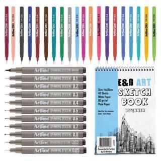 E&D ART ** Beginner Sketch Book + Artline 200 20'li + Drawing 11'li Set **