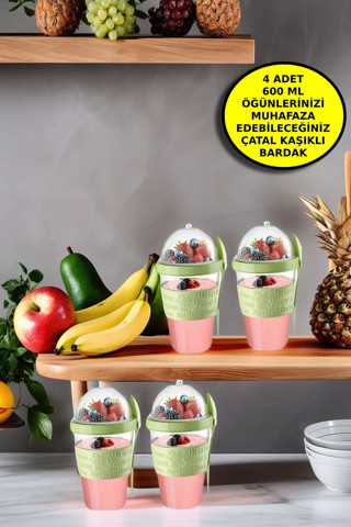 Open Home Concept 4 ADET Diyet & Kahvaltı için Çatal & Kaşıklı Kapaklı Yoğurt Müsli Salata Meyve Saklama Kabı - 600 ml