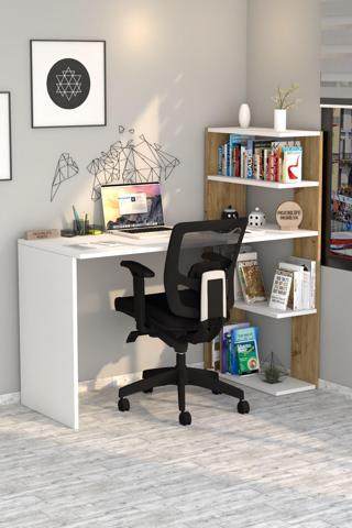 Moonlife Çınar Kitaplıklı Çalışma Masası Beyaz Çam