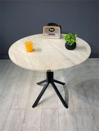 Hey Saray Traverten Yuvarlak Mutfak Yemek Masası Balkon Masası Metal Siyah Ayak 80 Cm