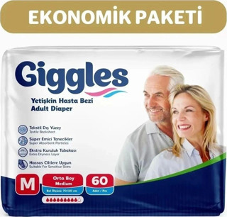 Giggles Yetişkin Bel Bağlamalı Hasta Bezi Medium 30'Lu 2 Paket 60 Adet