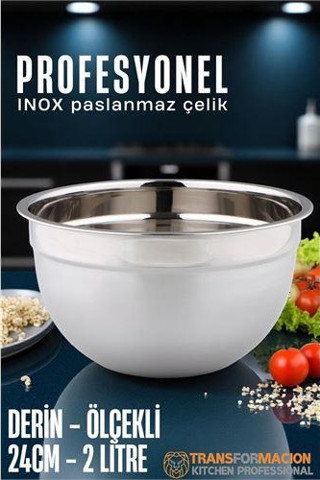 Inox Ölçekli Derin Kase  - 24 Cm 2 Litre Karıştırma Kabı Profesyonel 304 Paslanmaz Çelik