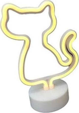 Neon Işıklı Kedi Lamba Pil+Usb Pembe Işık