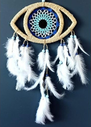 Göz Model Nazar Boncuğu Motifli Kuş Tüylü El Yapımı Düş Kapanı Duvar Dekoru