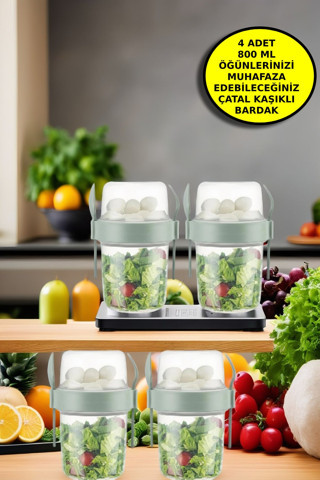 4 Adet Diyet & Kahvaltı Için Çatal & Kaşıklı Kapaklı Yoğurt Müsli Salata Meyve Saklama Kabı - 800 ml